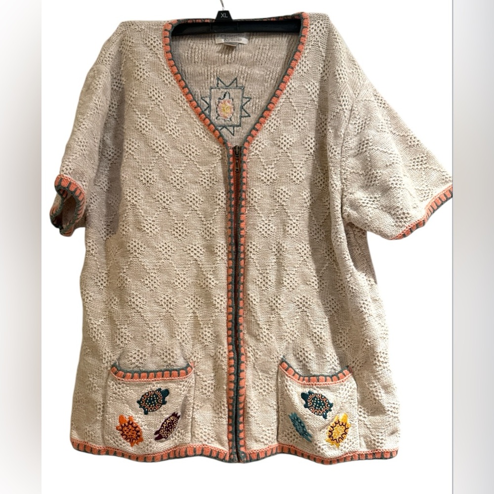 Embroidered Knit zip up Cardigan with turtle Accents - Picture 1 of 6